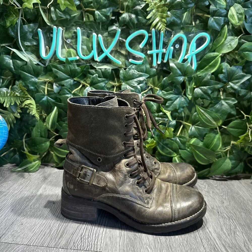 Taos Crave Gray Distressed Genuine Leather Lace Up Combat Boots Size 38 7-7.5